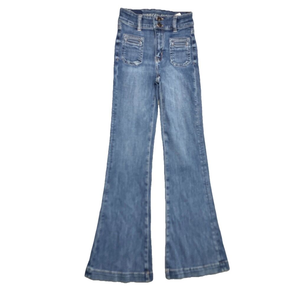 American Eagle 000 Hi Rise Flare Jeans Womens‎ Medium Wash Patch Pocket